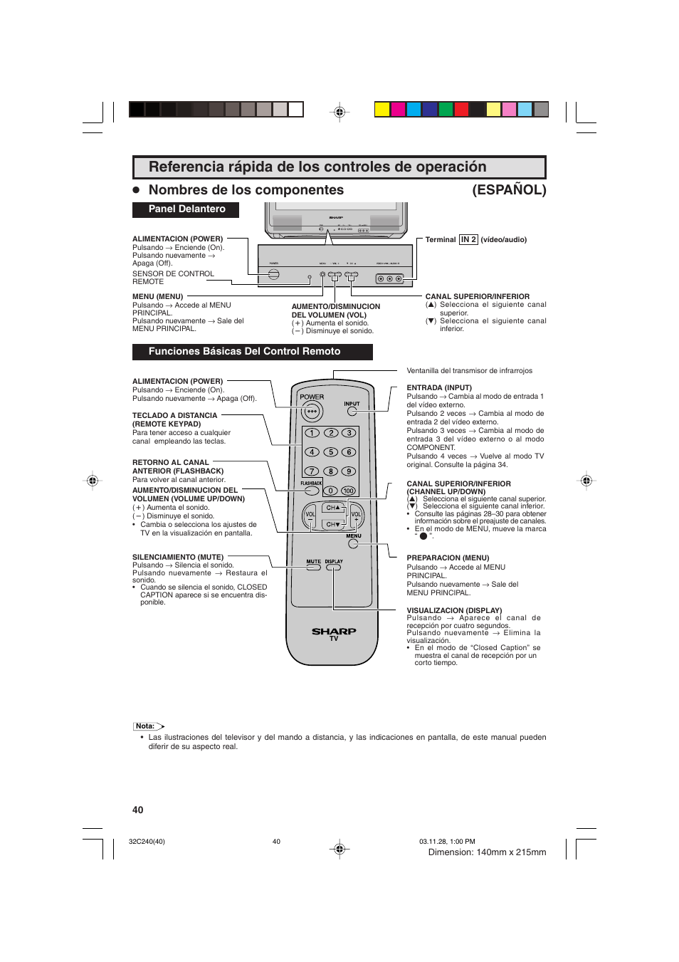 Referencia rápida de los controles de operación, Nombres de los componentes (español) | Sharp 32C240 User Manual | Page 40 / 48