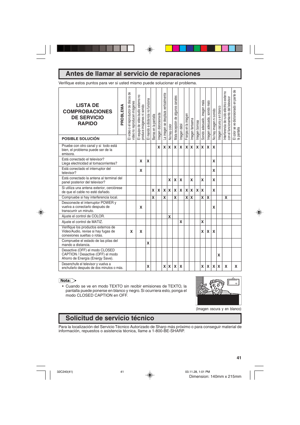 Antes de llamar al servicio de reparaciones, Solicitud de servicio técnico, Lista de comprobaciones de servicio rapido | Sharp 32C240 User Manual | Page 41 / 48