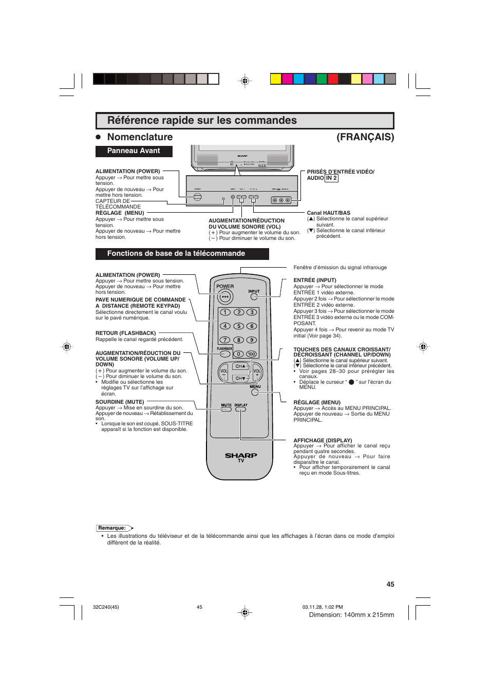 Référence rapide sur les commandes, Nomenclature (français) | Sharp 32C240 User Manual | Page 45 / 48