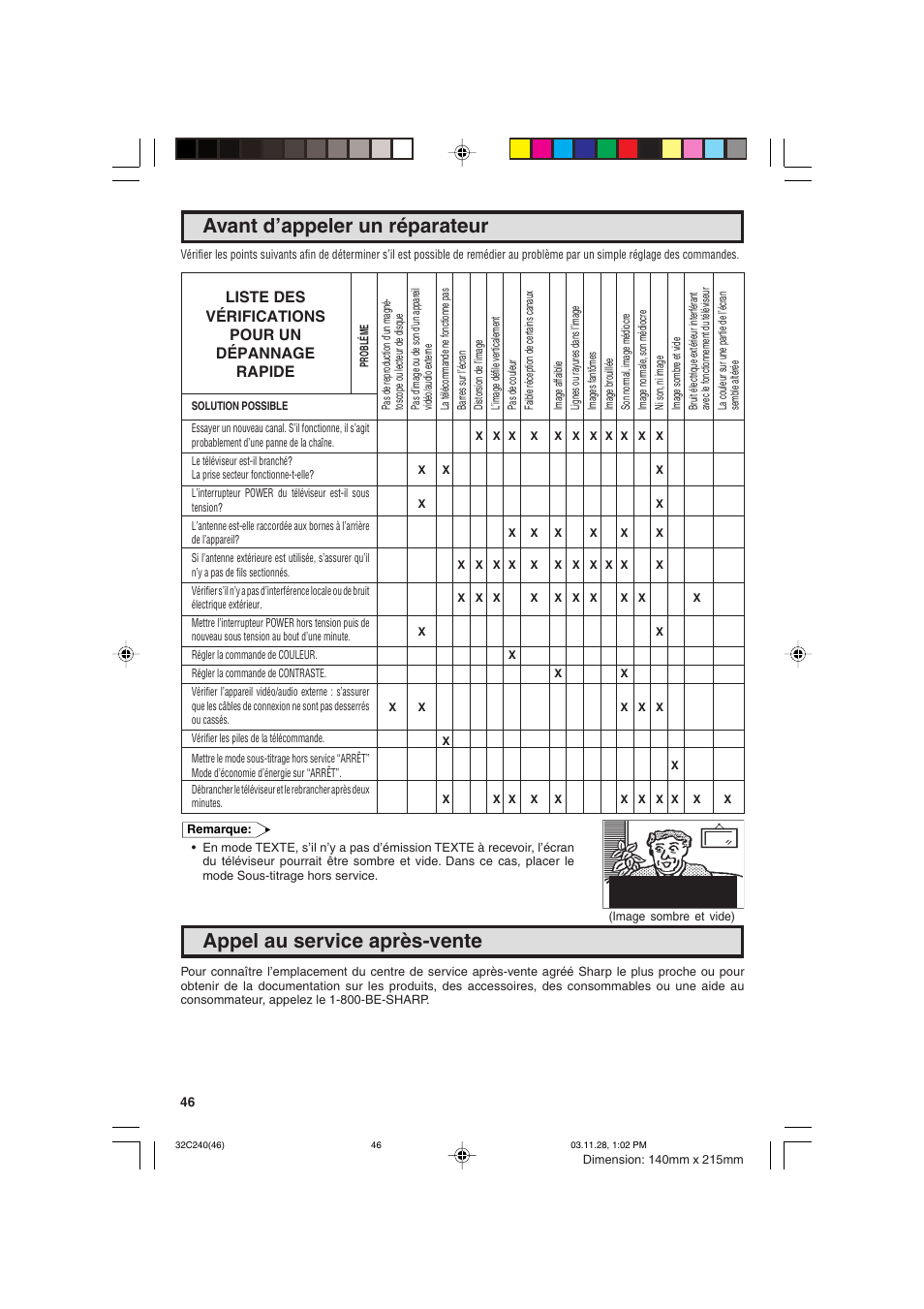 Avant d’appeler un réparateur, Appel au service après-vente, Liste des vérifications pour un dépannage rapide | Sharp 32C240 User Manual | Page 46 / 48