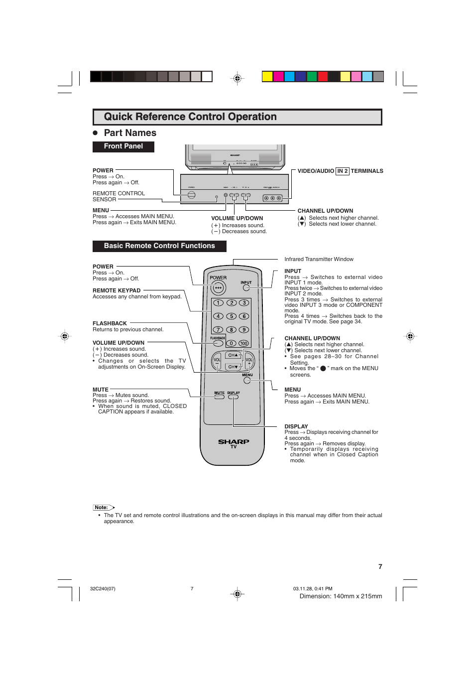 Quick reference control operation, Part names | Sharp 32C240 User Manual | Page 7 / 48