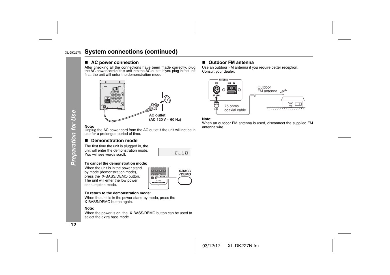 Preparation for use system connections (continued) | Sharp XL DK227N User Manual | Page 12 / 36