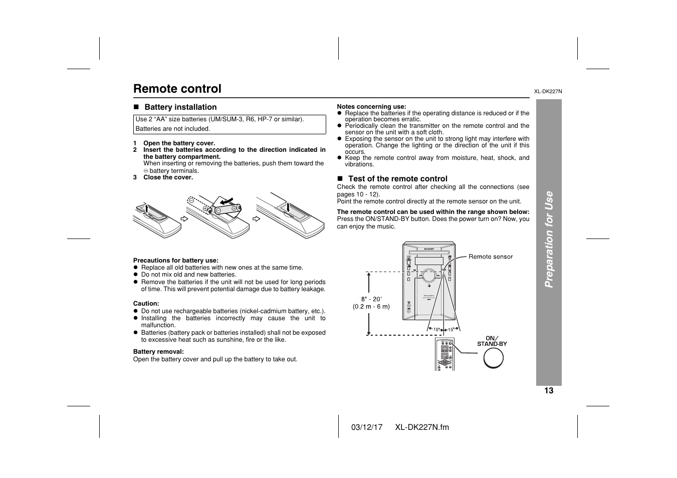 Remote control, Preparation for use, Docking station micro component system | Sharp XL DK227N User Manual | Page 13 / 36