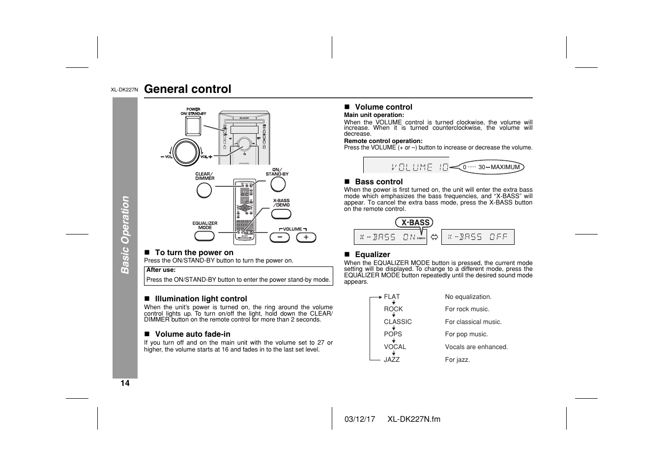 General control, Basic operation, Docking station micro component system | Sharp XL DK227N User Manual | Page 14 / 36