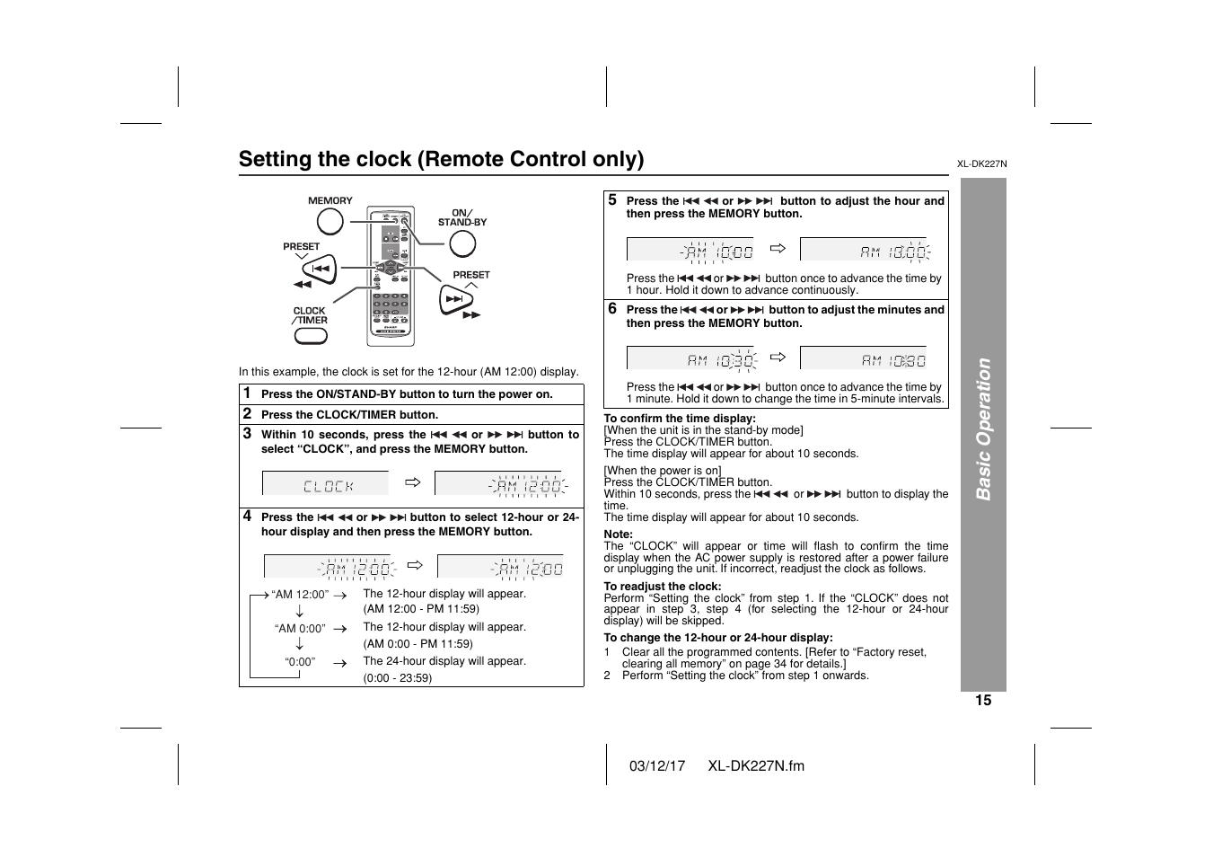 Setting the clock (remote control only), Basic operation | Sharp XL DK227N User Manual | Page 15 / 36