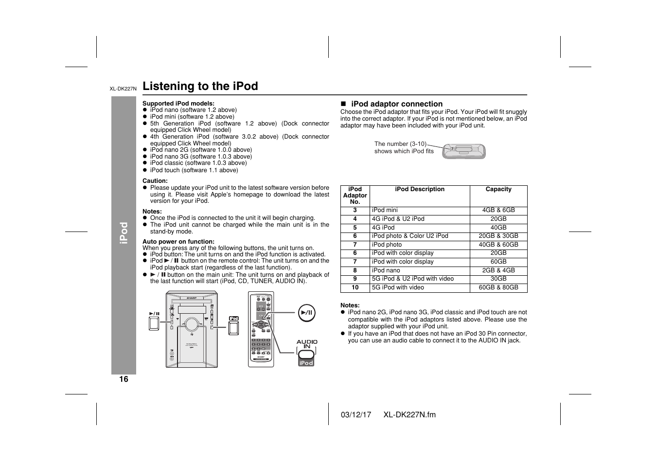 Listening to the ipod, Ipod, Docking station micro component system | Sharp XL DK227N User Manual | Page 16 / 36