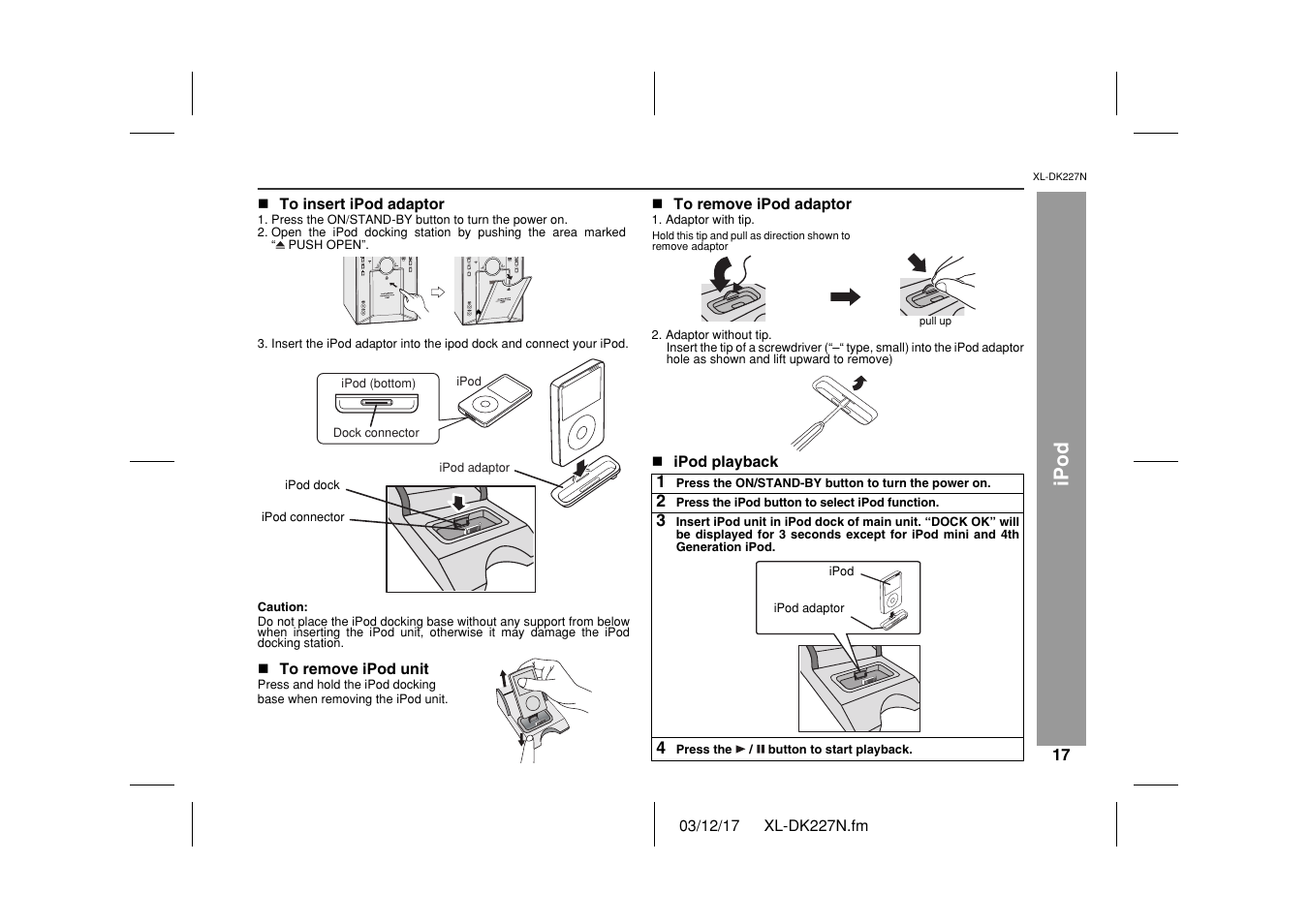 Ipod, Playback (p lay & stop) | Sharp XL DK227N User Manual | Page 17 / 36