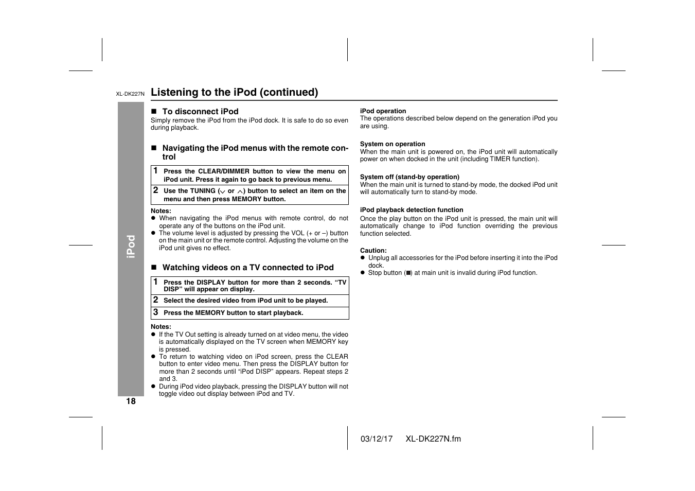 Ipod listening to the ipod (continued) | Sharp XL DK227N User Manual | Page 18 / 36