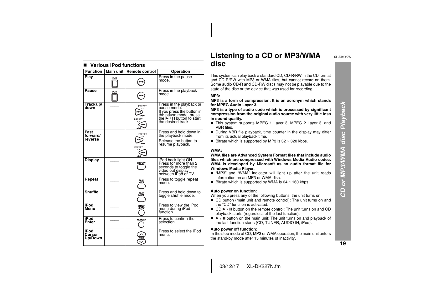 Listening to a cd or mp3/wma disc, Cd or mp3/wma disc playback | Sharp XL DK227N User Manual | Page 19 / 36