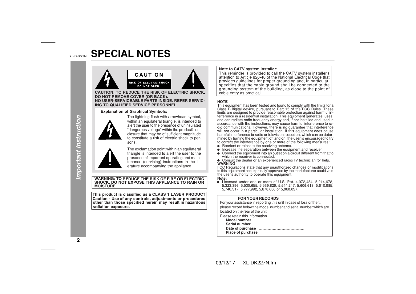 Important instruction | Sharp XL DK227N User Manual | Page 2 / 36