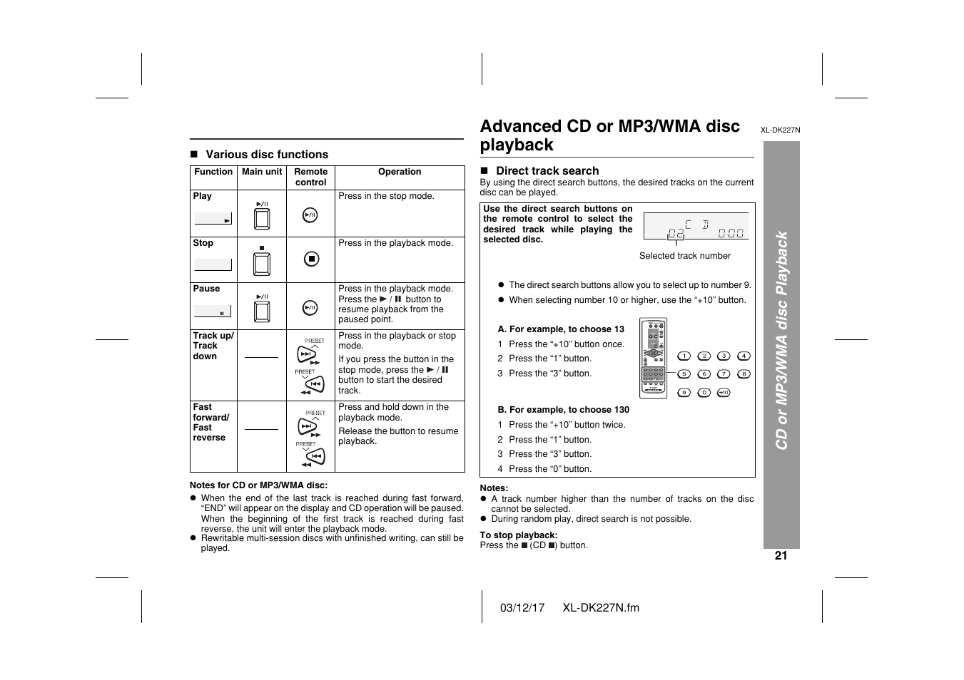 Advanced cd or mp3/wma disc playback, Cd or mp3/wma disc playback | Sharp XL DK227N User Manual | Page 21 / 36