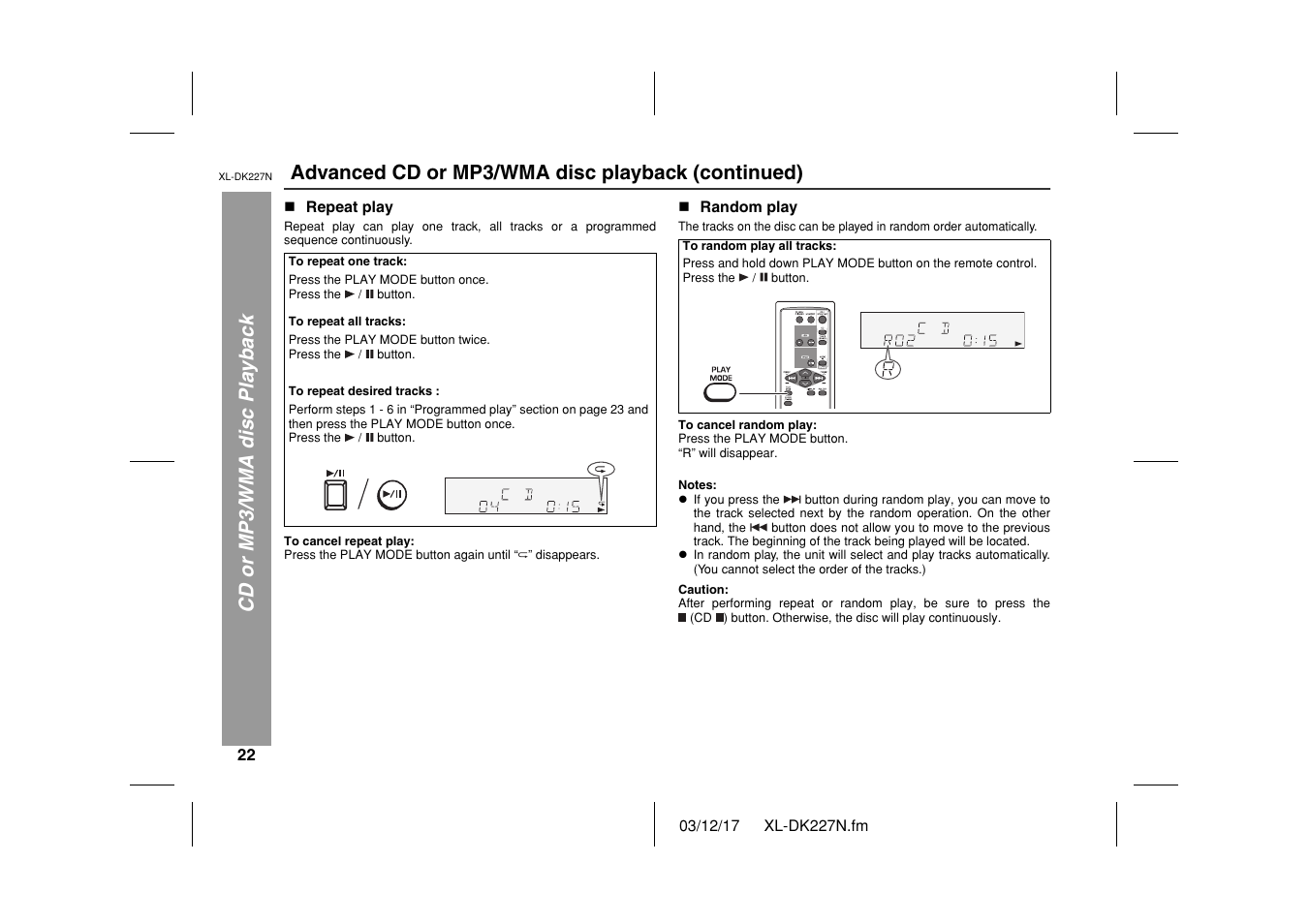 Cd or mp3/wma disc playback, Advanced cd or mp3/wma disc playback (continued) | Sharp XL DK227N User Manual | Page 22 / 36