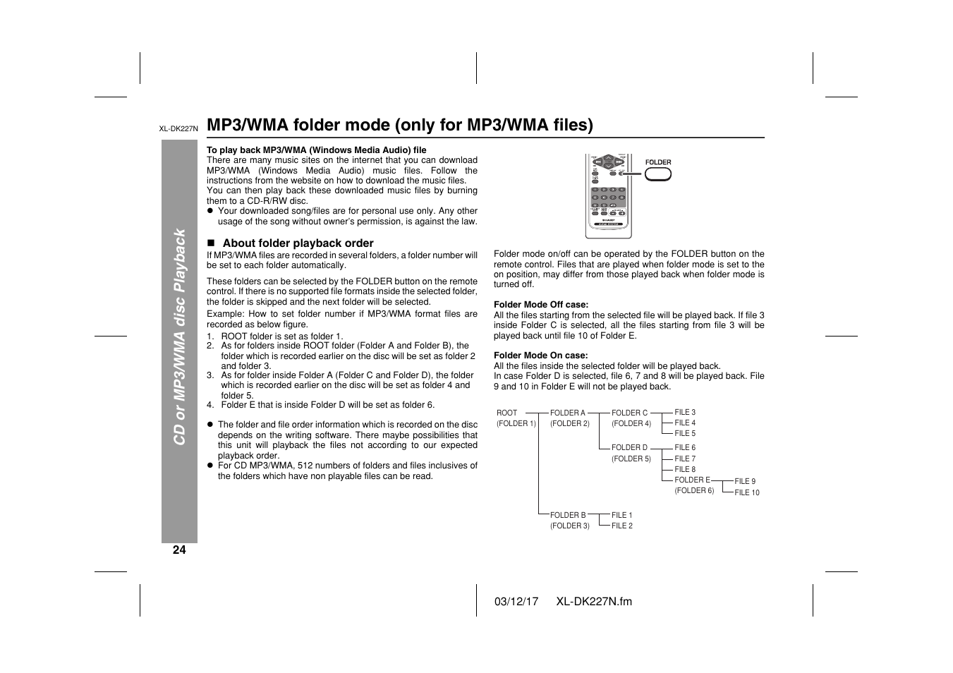 Mp3/wma folder mode (only for mp3/wma files), Cd or mp3/wma disc playback | Sharp XL DK227N User Manual | Page 24 / 36