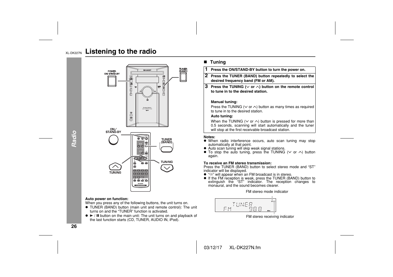 Listening to the radio, Radio, Xl-dk257n | Micro component system | Sharp XL DK227N User Manual | Page 26 / 36