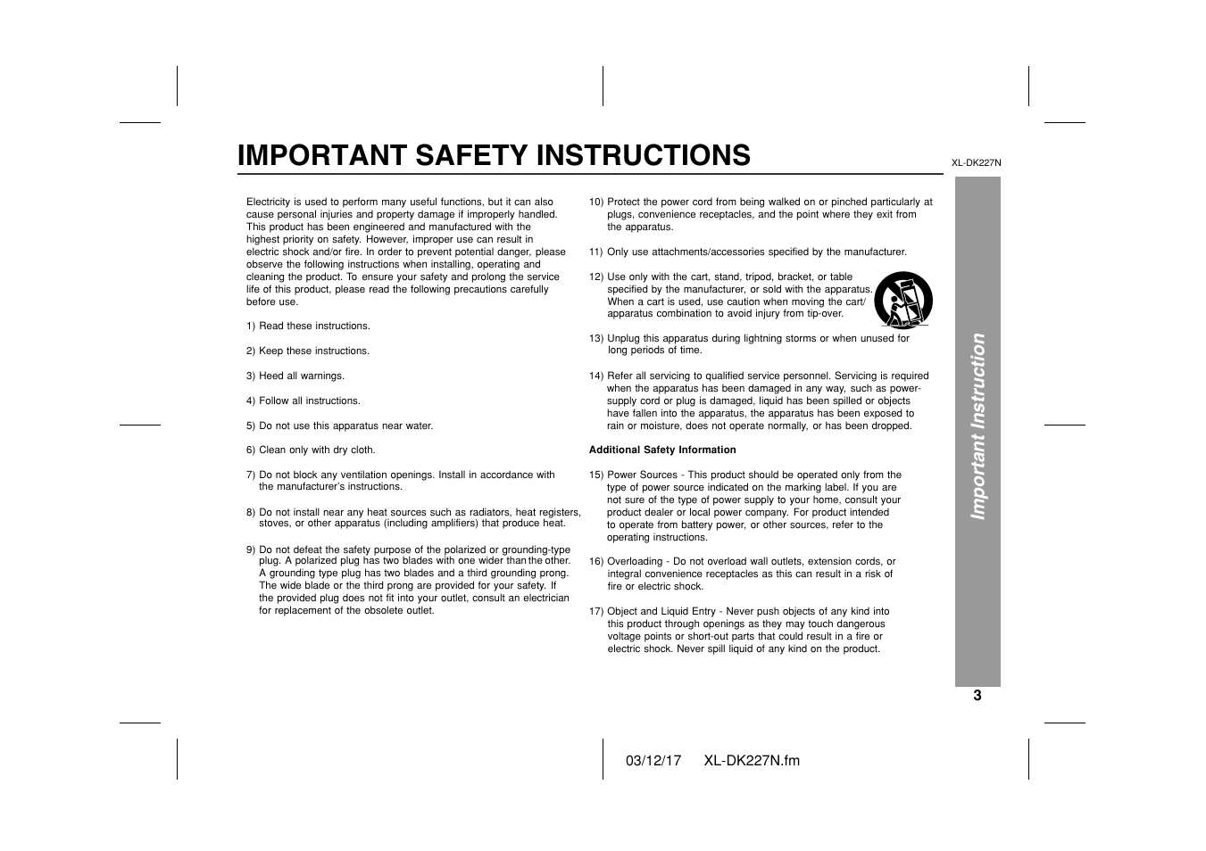 Important safety instructions, Important instruction | Sharp XL DK227N User Manual | Page 3 / 36