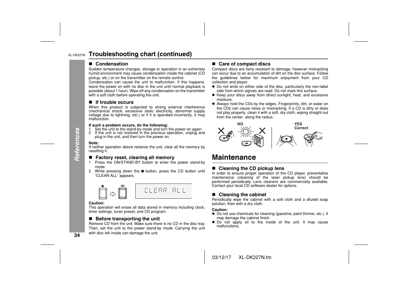 Maintenance, References troubleshooting chart (continued) | Sharp XL DK227N User Manual | Page 34 / 36