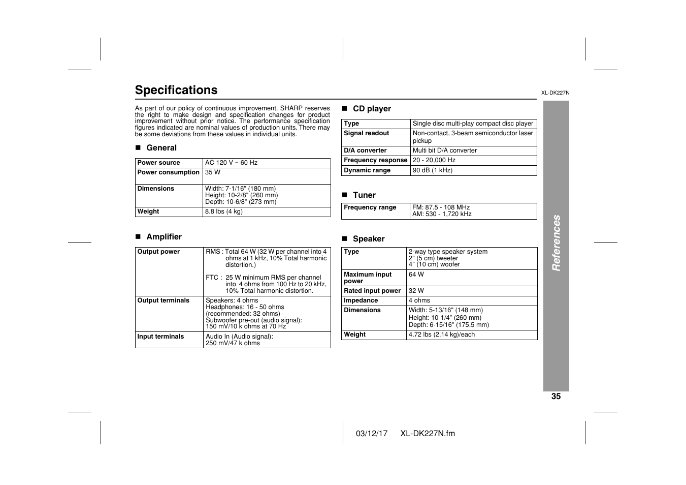 Specifications, References | Sharp XL DK227N User Manual | Page 35 / 36