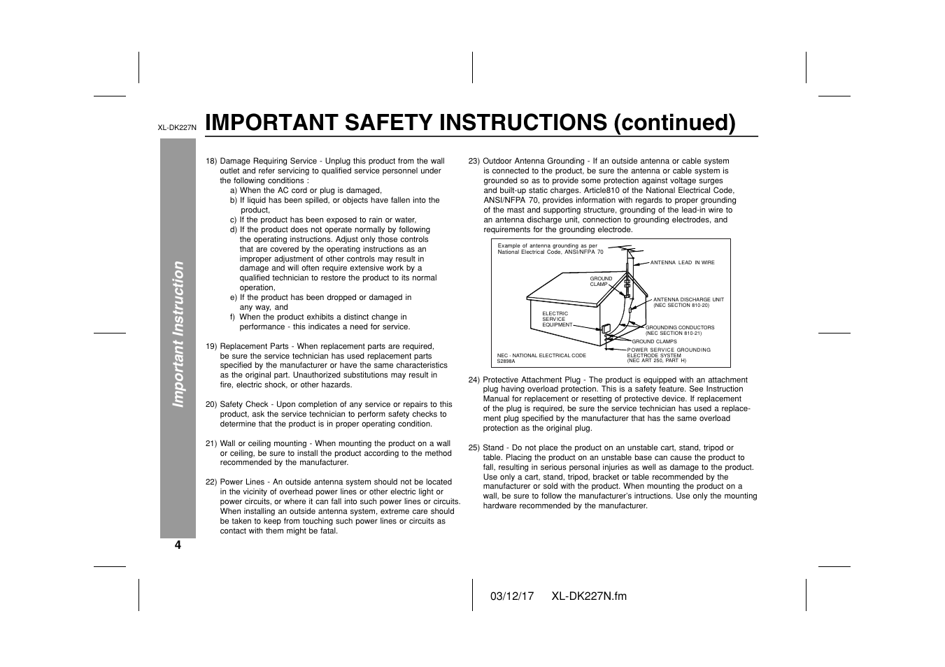 Important safety instructions (continued), Important instruction | Sharp XL DK227N User Manual | Page 4 / 36