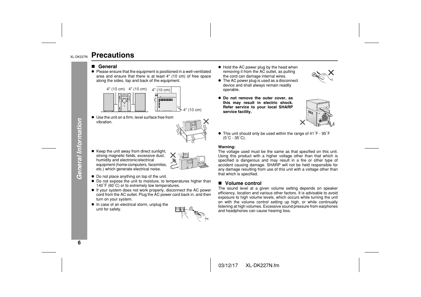 Precautions, General information, Docking station micro component system | Sharp XL DK227N User Manual | Page 6 / 36