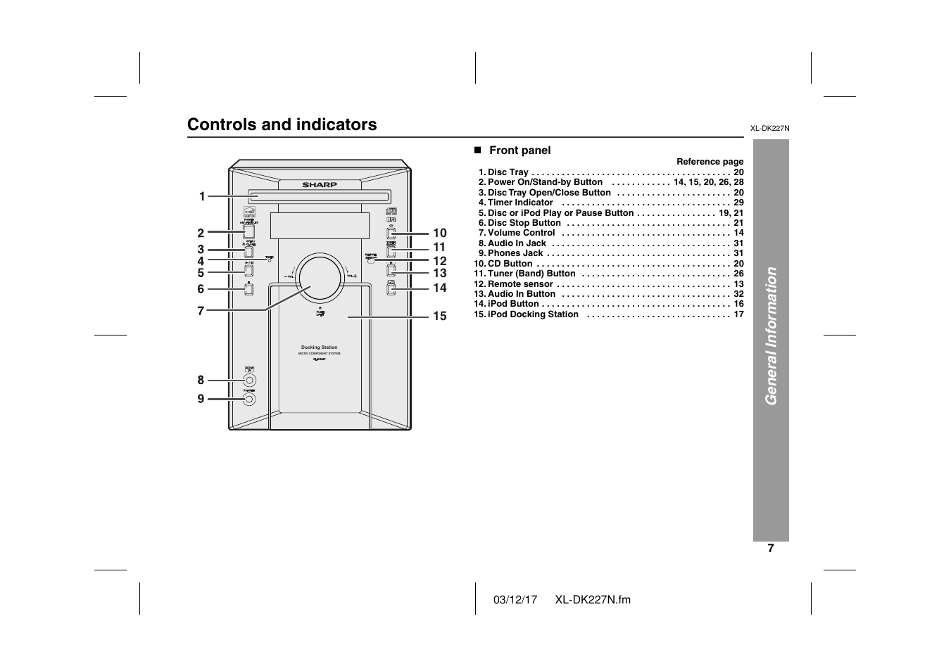 Controls and indicators, General information | Sharp XL DK227N User Manual | Page 7 / 36