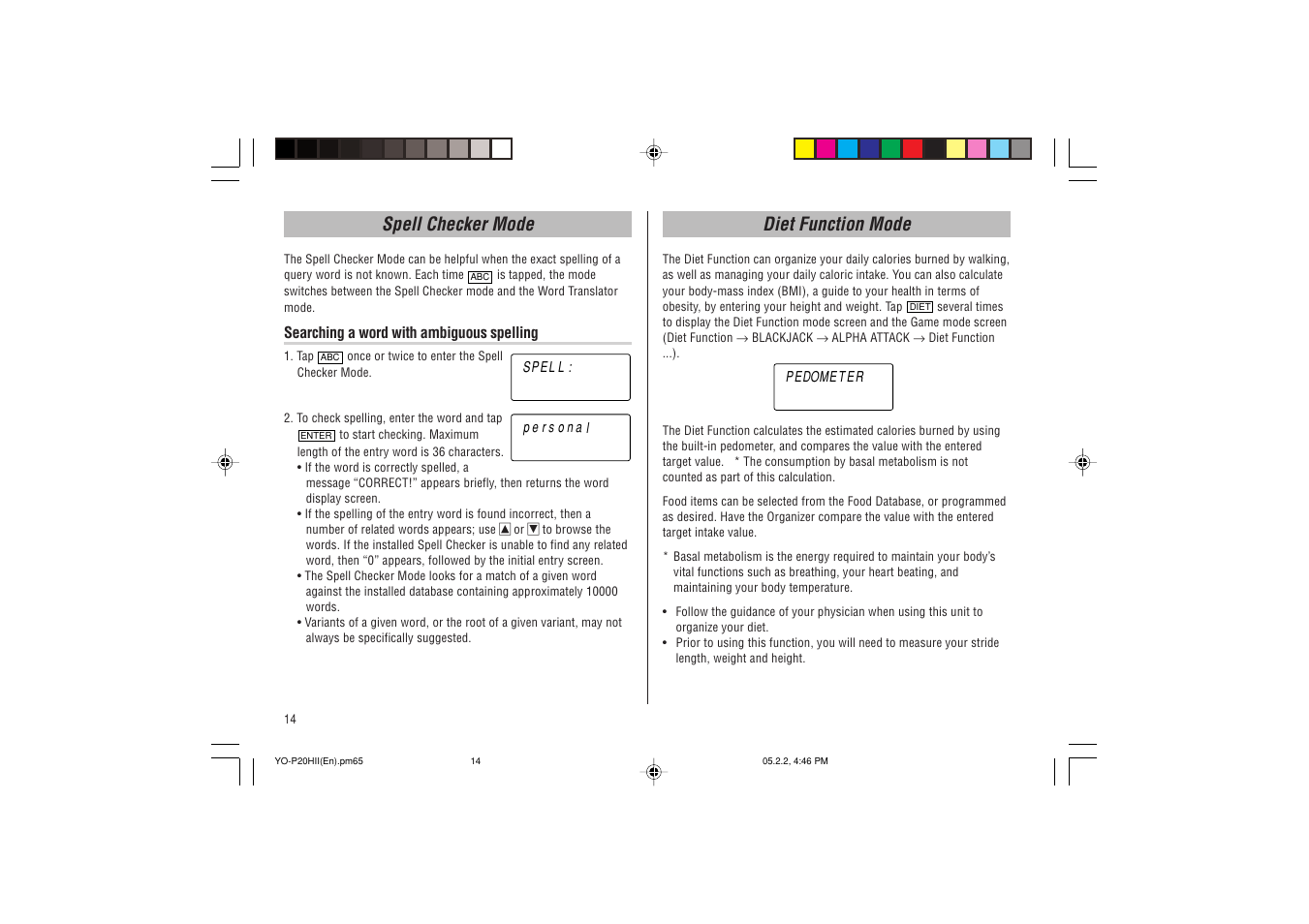 Diet function mode spell checker mode | Sharp YO-P20hII User Manual | Page 16 / 36