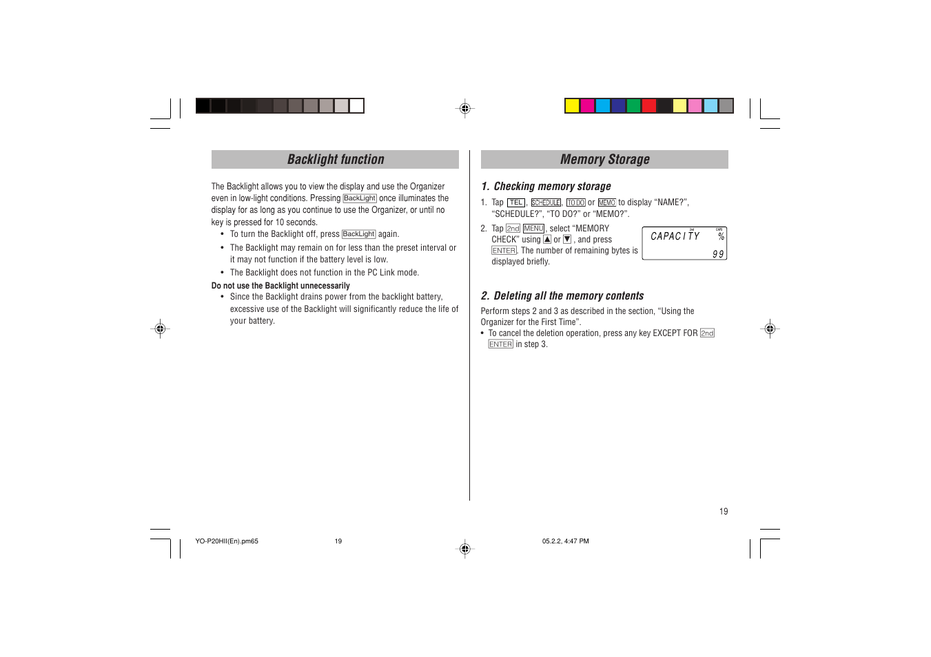 Backlight function | Sharp YO-P20hII User Manual | Page 21 / 36