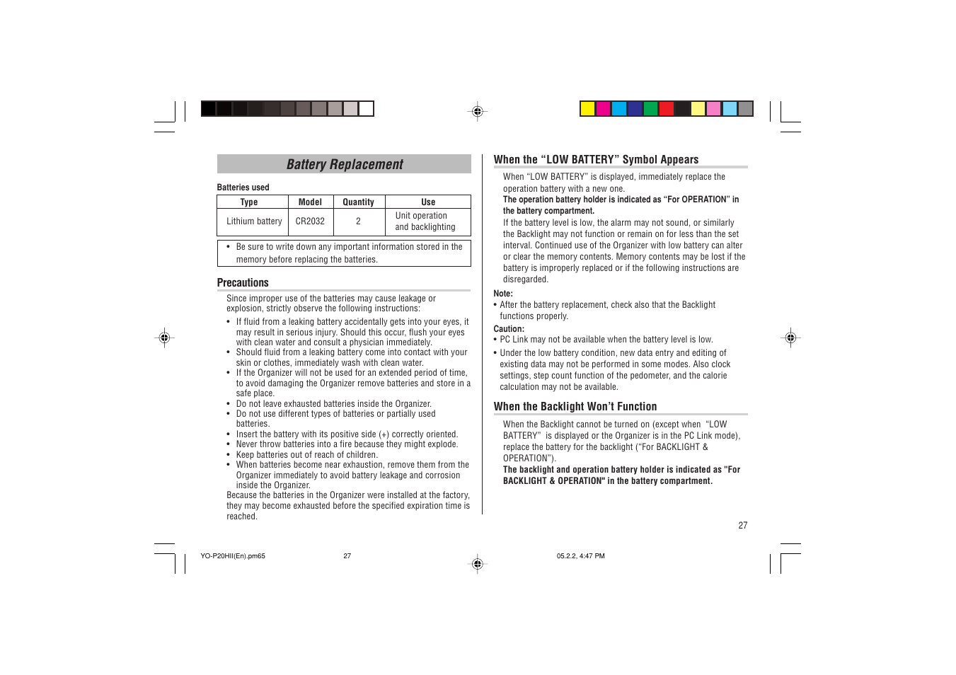 Battery replacement | Sharp YO-P20hII User Manual | Page 29 / 36