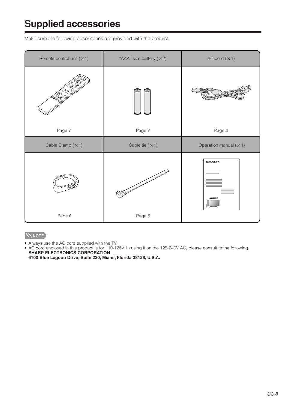 Supplied accessories | Sharp Aquos LC 37GB5U User Manual | Page 10 / 67