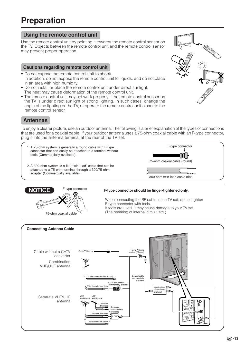 Preparation, Notice, Using the remote control unit | Antennas, Cautions regarding remote control unit | Sharp Aquos LC 37GB5U User Manual | Page 14 / 67