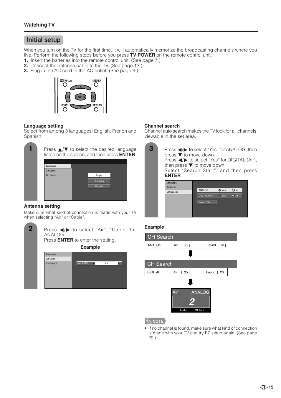 Initial setup, Watching tv, Ch search | Example | Sharp Aquos LC 37GB5U User Manual | Page 16 / 67