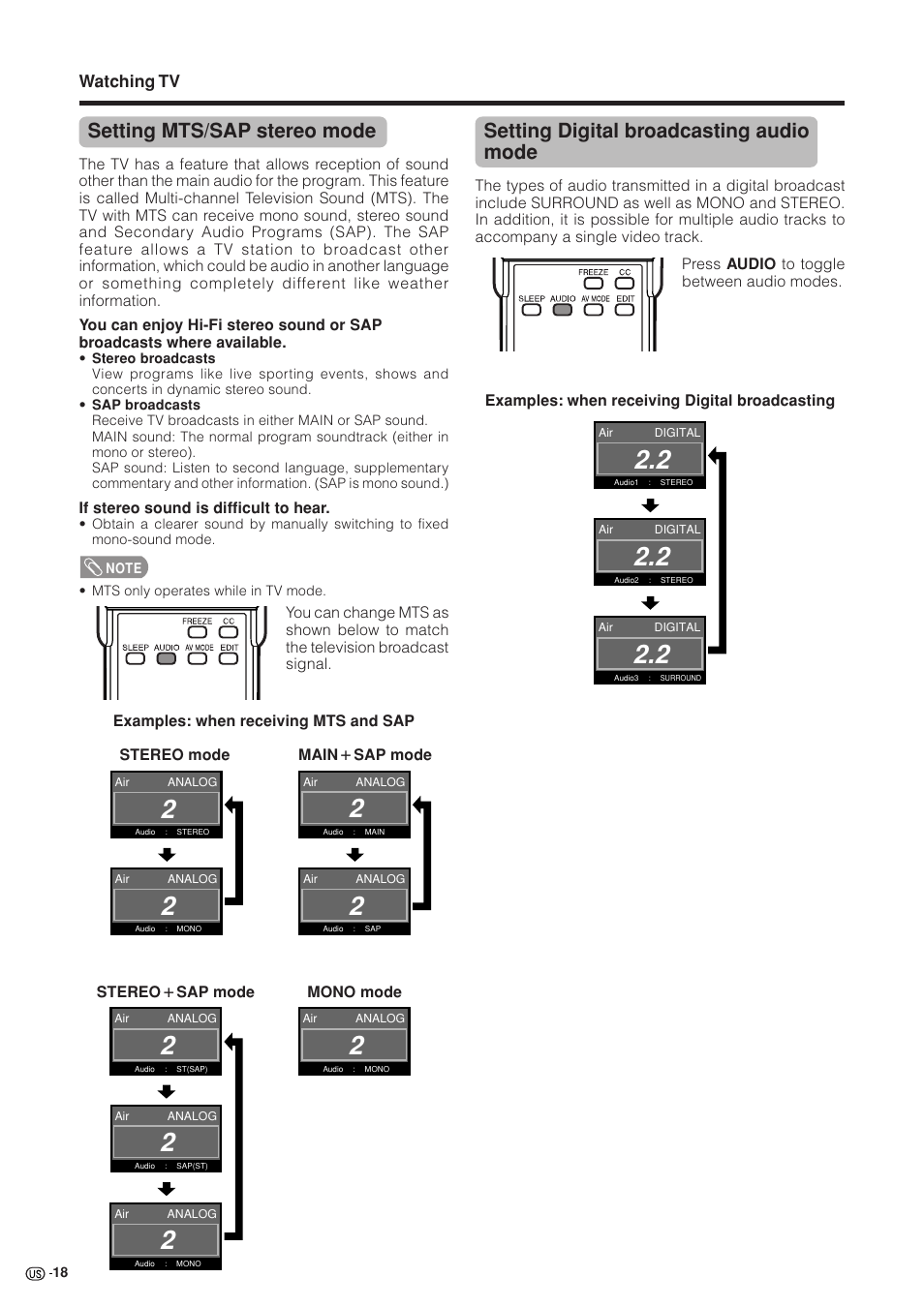 Setting mts/sap stereo mode, Setting digital broadcasting audio mode, Watching tv | Sharp Aquos LC 37GB5U User Manual | Page 19 / 67