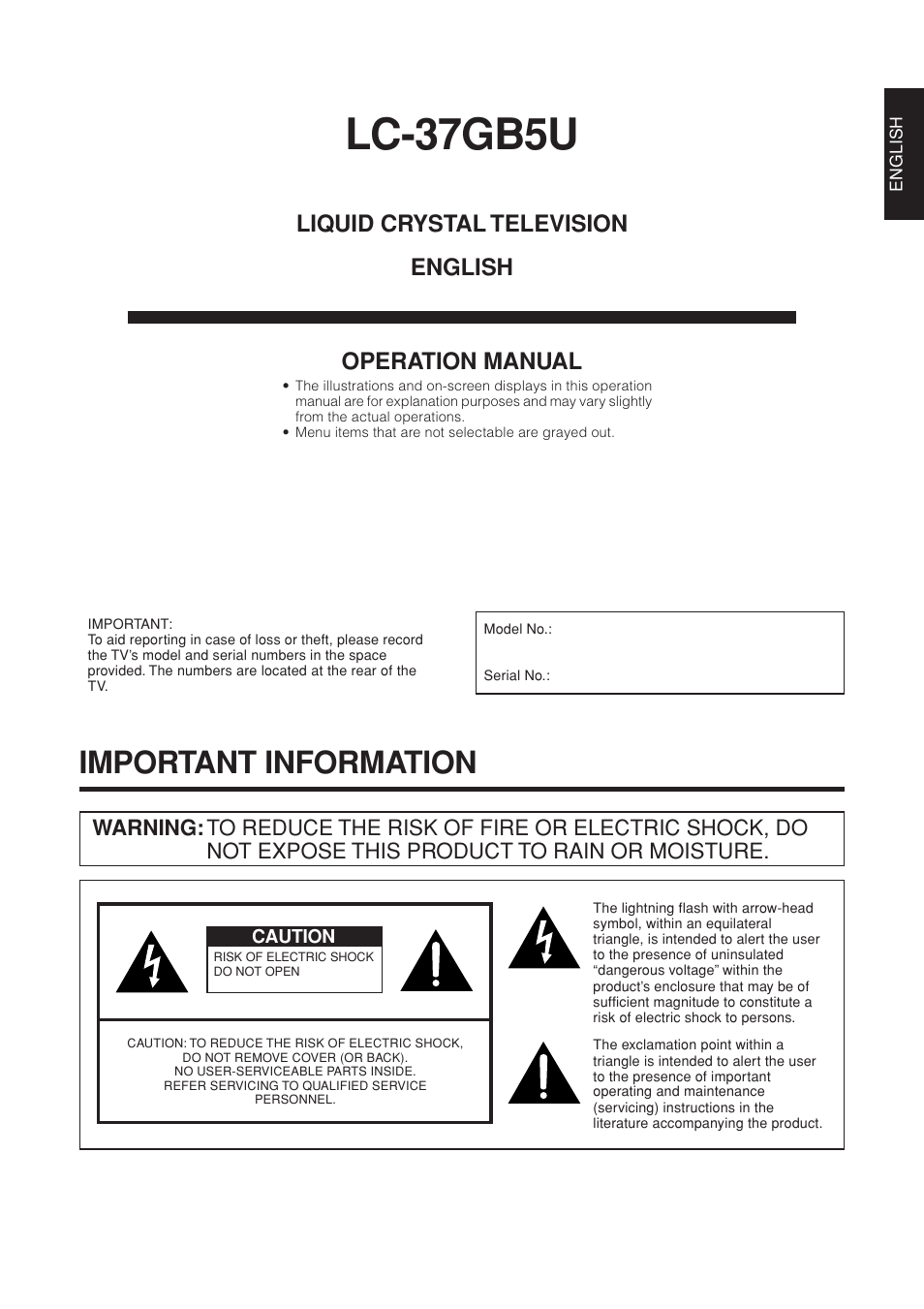 Lc-37gb5u, Important information, Liquid crystal television english operation manual | Sharp Aquos LC 37GB5U User Manual | Page 2 / 67