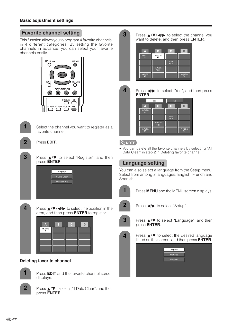 Favorite channel setting, Language setting, Basic adjustment settings | Deleting favorite channel | Sharp Aquos LC 37GB5U User Manual | Page 23 / 67