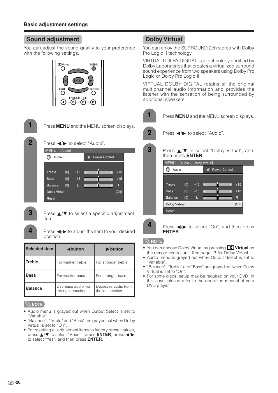 Sound adjustment, Dolby virtual | Sharp Aquos LC 37GB5U User Manual | Page 27 / 67