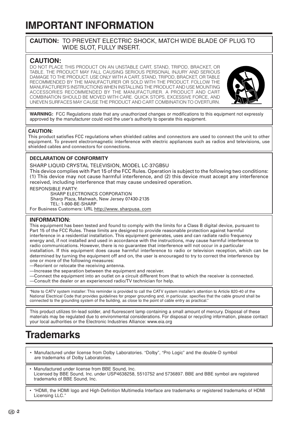 Important information, Trademarks, Caution | Sharp Aquos LC 37GB5U User Manual | Page 3 / 67