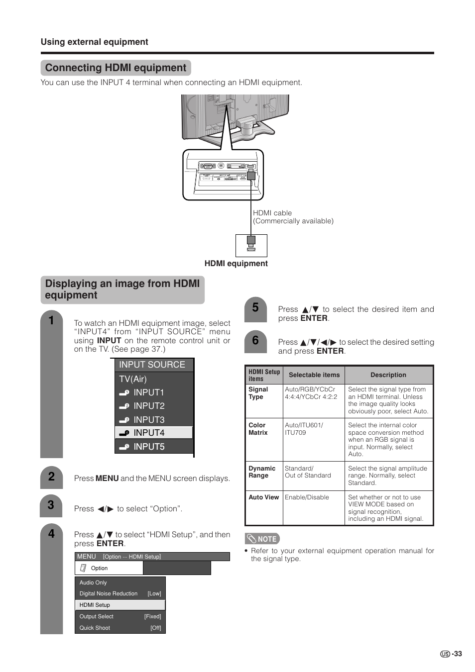 Connecting hdmi equipment, Displaying an image from hdmi equipment | Sharp Aquos LC 37GB5U User Manual | Page 34 / 67
