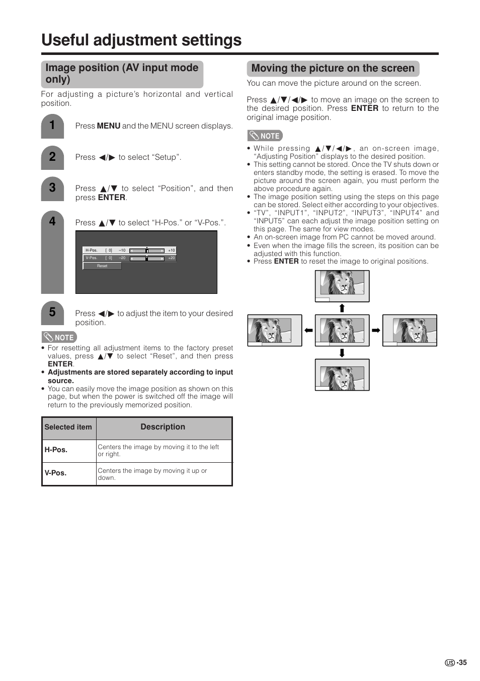 Useful adjustment settings, Image position (av input mode only), Moving the picture on the screen | Sharp Aquos LC 37GB5U User Manual | Page 36 / 67