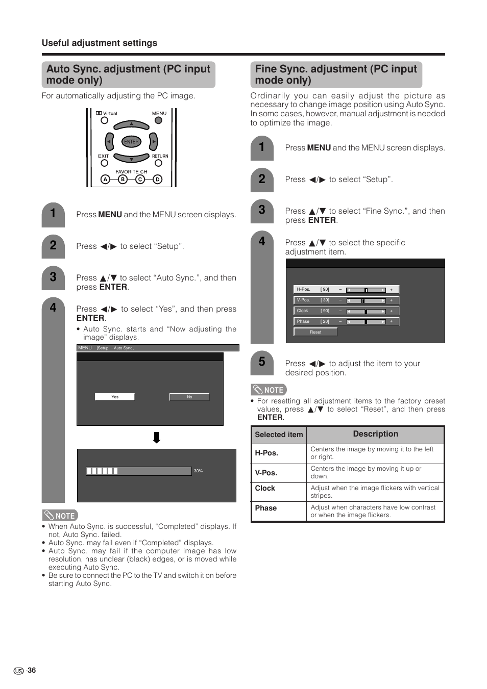 Auto sync. adjustment (pc input mode only), Fine sync. adjustment (pc input mode only) | Sharp Aquos LC 37GB5U User Manual | Page 37 / 67