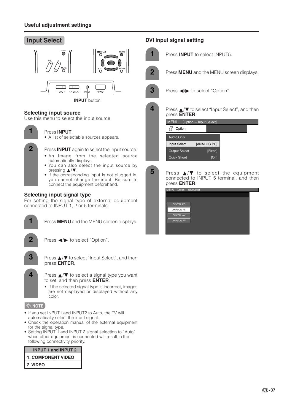 Input select | Sharp Aquos LC 37GB5U User Manual | Page 38 / 67