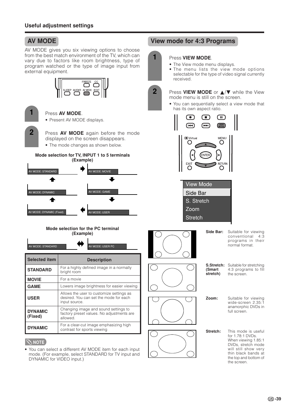 Av mode, View mode for 4:3 programs | Sharp Aquos LC 37GB5U User Manual | Page 40 / 67