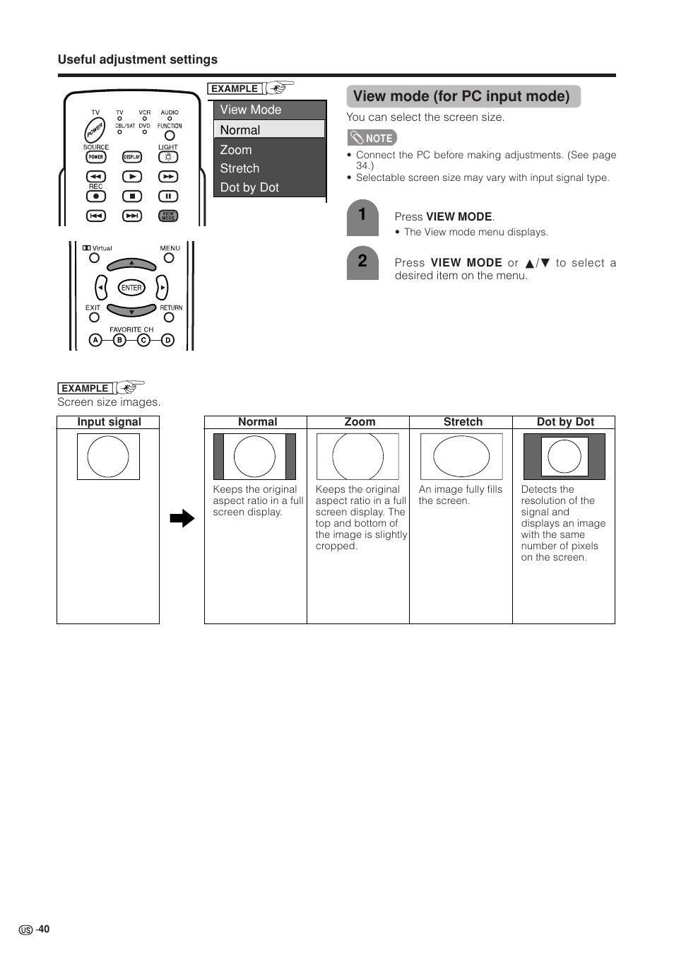 View mode (for pc input mode) | Sharp Aquos LC 37GB5U User Manual | Page 41 / 67