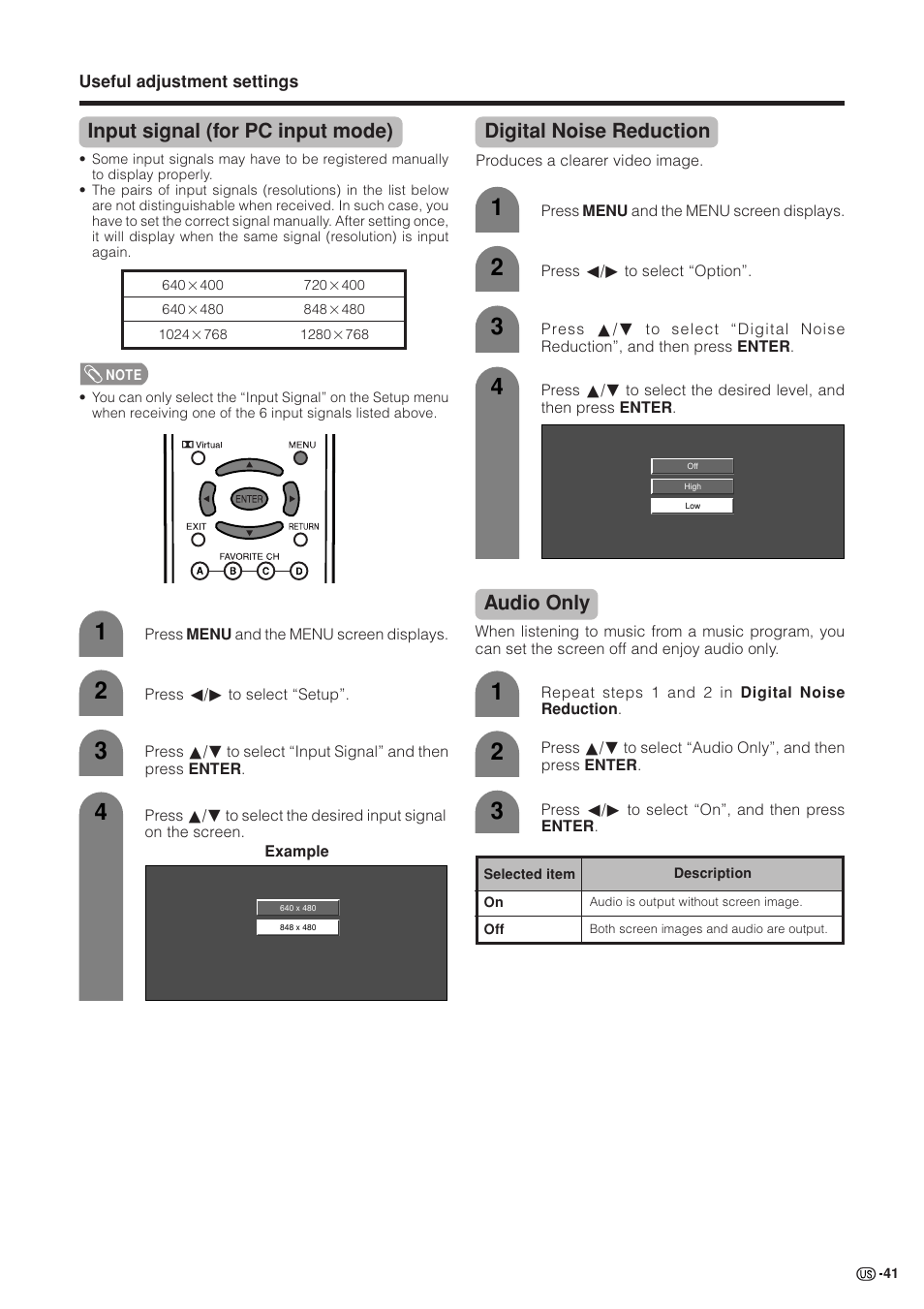 Input signal (for pc input mode), Digital noise reduction, Audio only | Sharp Aquos LC 37GB5U User Manual | Page 42 / 67