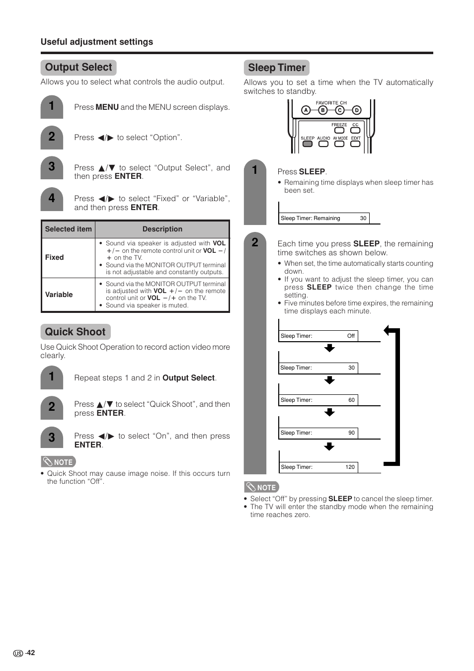 Output select, Quick shoot, Sleep timer | Sharp Aquos LC 37GB5U User Manual | Page 43 / 67