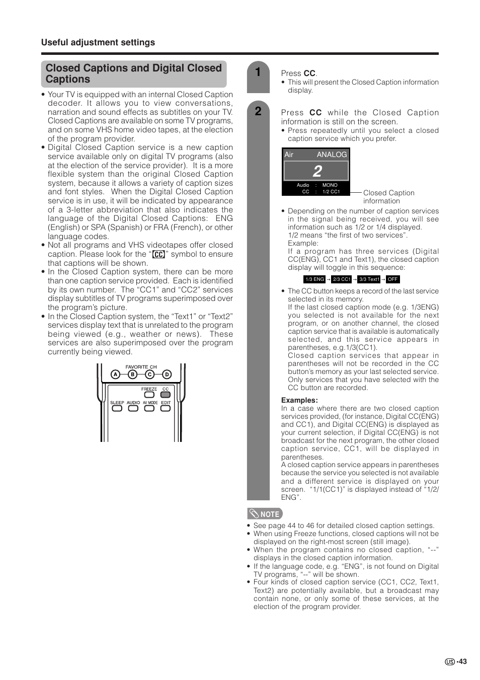 Closed captions and digital closed captions | Sharp Aquos LC 37GB5U User Manual | Page 44 / 67