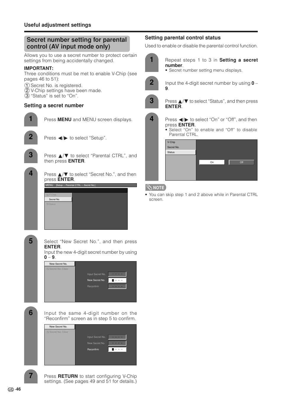 Useful adjustment settings, Setting parental control status, Setting a secret number | Sharp Aquos LC 37GB5U User Manual | Page 47 / 67