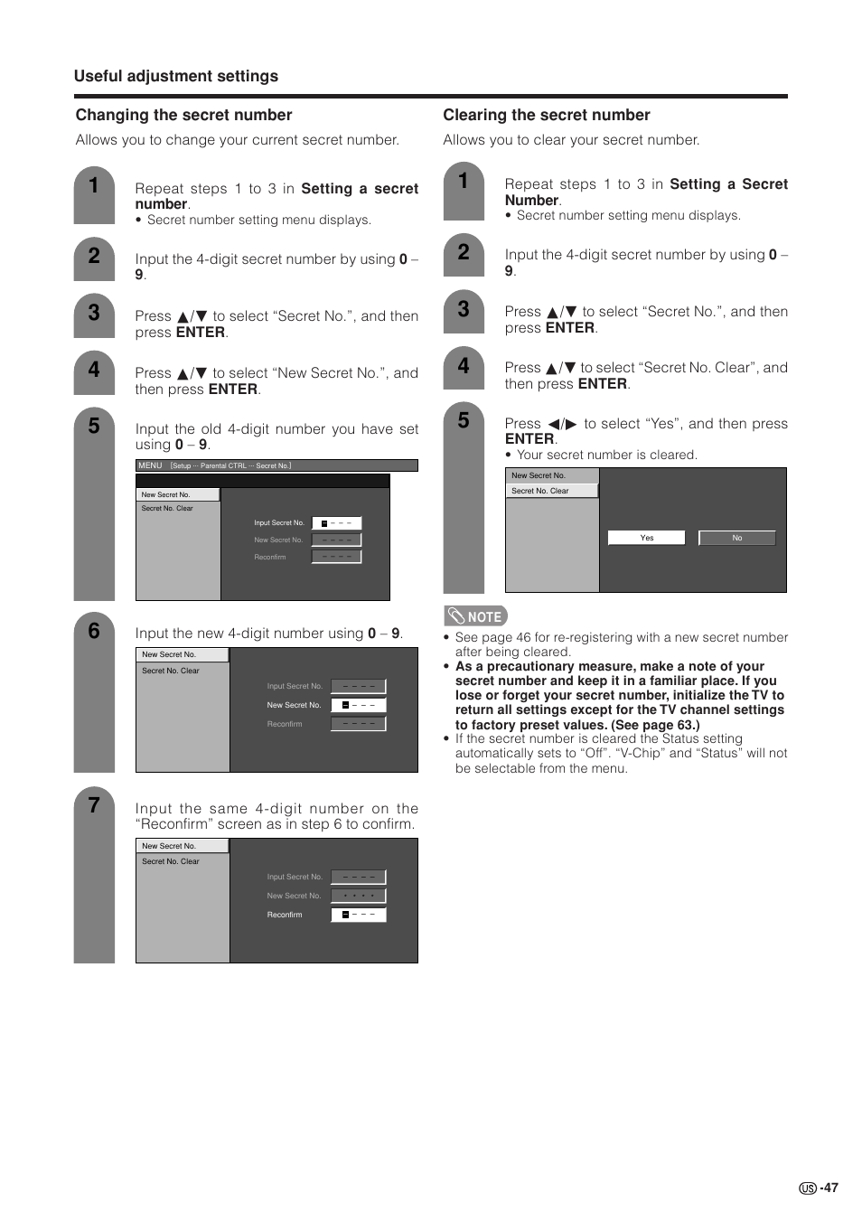 Clearing the secret number, Input the 4-digit secret number by using 0 – 9 | Sharp Aquos LC 37GB5U User Manual | Page 48 / 67