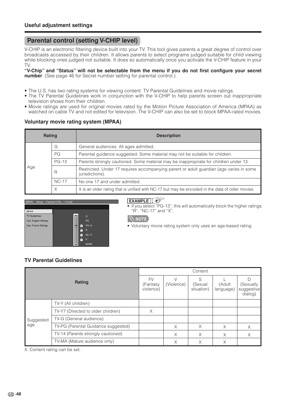 Parental control (setting v-chip level), Useful adjustment settings, Voluntary movie rating system (mpaa) | Tv parental guidelines | Sharp Aquos LC 37GB5U User Manual | Page 49 / 67