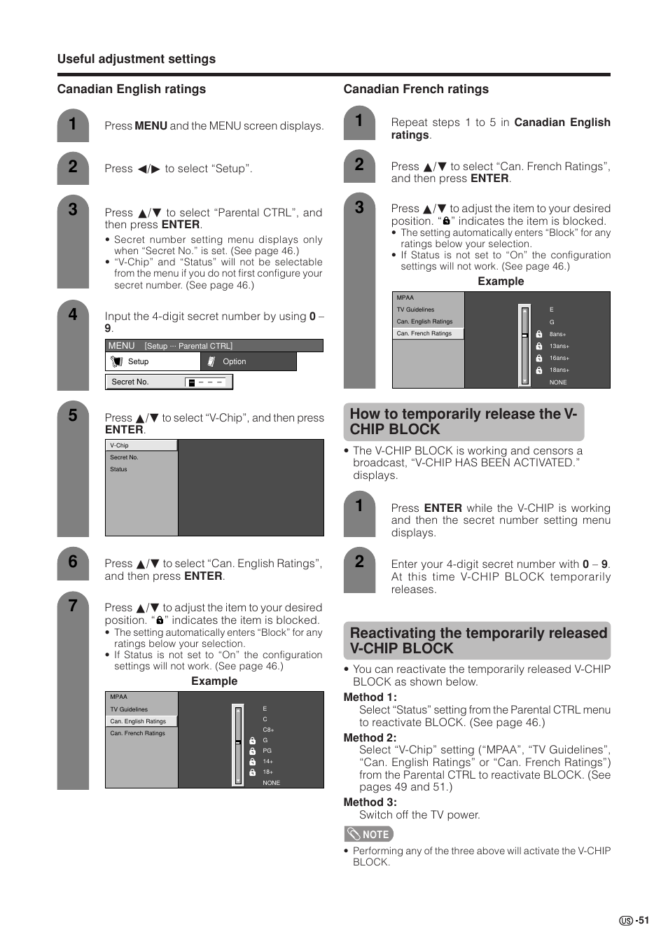 How to temporarily release the v- chip block, Reactivating the temporarily released v-chip block | Sharp Aquos LC 37GB5U User Manual | Page 52 / 67