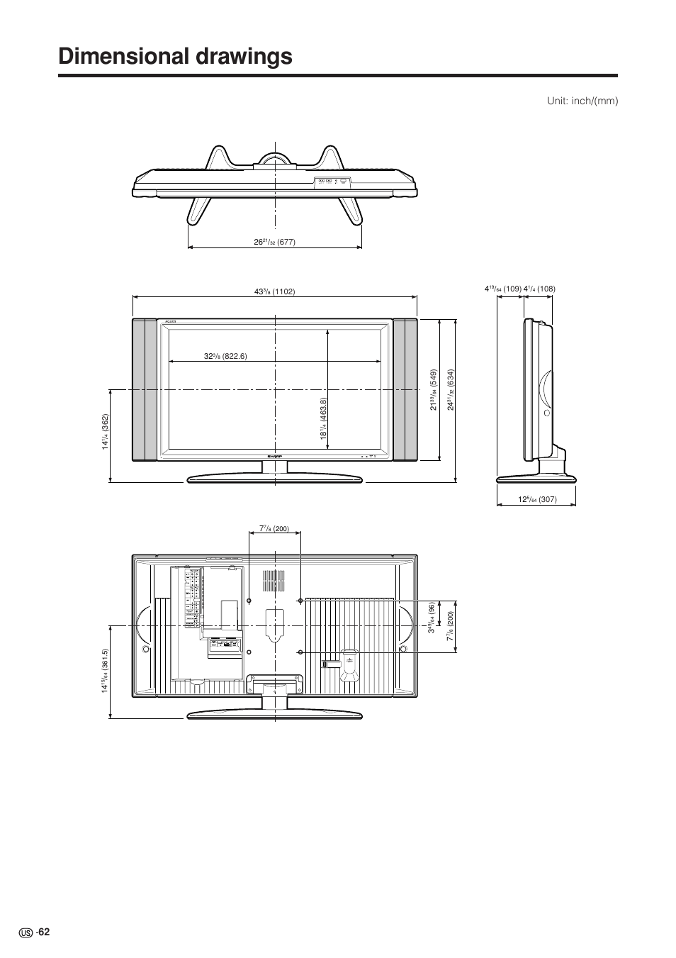 Dimensional drawings, Unit: inch/(mm) | Sharp Aquos LC 37GB5U User Manual | Page 63 / 67