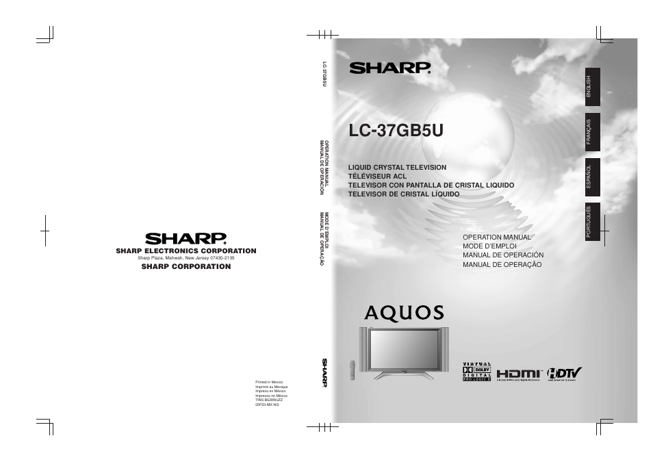 Lc-37gb5u, Sharp corporation, Sharp electronics corporation | Sharp Aquos LC 37GB5U User Manual | Page 67 / 67